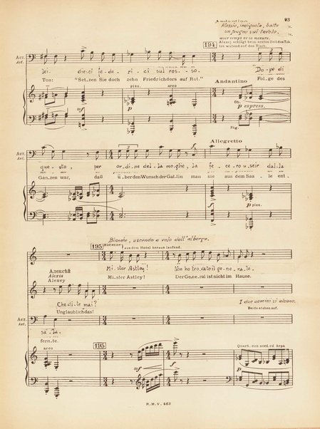 Le joueur : opéra en 4 actes et actes et 6 tableaux : op. 24 / Serge Prokofieff ; livret du compositeur tiré de la nouvelle de Dostoevsky ; version française de P. Spaak ; Deutsche Ueberstzung von Gustav v. Festenberg ; réduction pour chant et piano par l'auteur