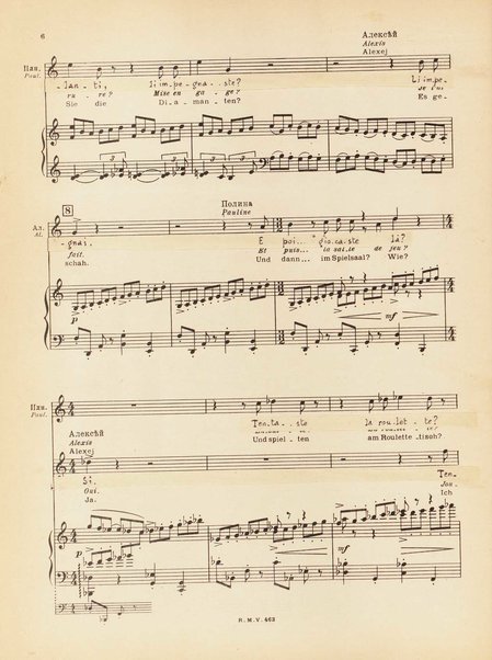 Le joueur : opéra en 4 actes et actes et 6 tableaux : op. 24 / Serge Prokofieff ; livret du compositeur tiré de la nouvelle de Dostoevsky ; version française de P. Spaak ; Deutsche Ueberstzung von Gustav v. Festenberg ; réduction pour chant et piano par l'auteur