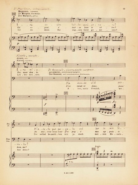 Le joueur : opéra en 4 actes et actes et 6 tableaux : op. 24 / Serge Prokofieff ; livret du compositeur tiré de la nouvelle de Dostoevsky ; version française de P. Spaak ; Deutsche Ueberstzung von Gustav v. Festenberg ; réduction pour chant et piano par l'auteur