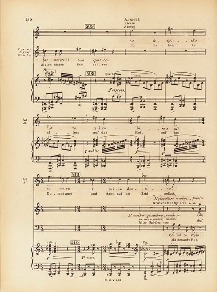 Le joueur : opéra en 4 actes et actes et 6 tableaux : op. 24 / Serge Prokofieff ; livret du compositeur tiré de la nouvelle de Dostoevsky ; version française de P. Spaak ; Deutsche Ueberstzung von Gustav v. Festenberg ; réduction pour chant et piano par l'auteur
