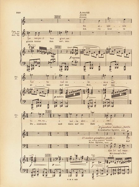 Le joueur : opéra en 4 actes et actes et 6 tableaux : op. 24 / Serge Prokofieff ; livret du compositeur tiré de la nouvelle de Dostoevsky ; version française de P. Spaak ; Deutsche Ueberstzung von Gustav v. Festenberg ; réduction pour chant et piano par l'auteur