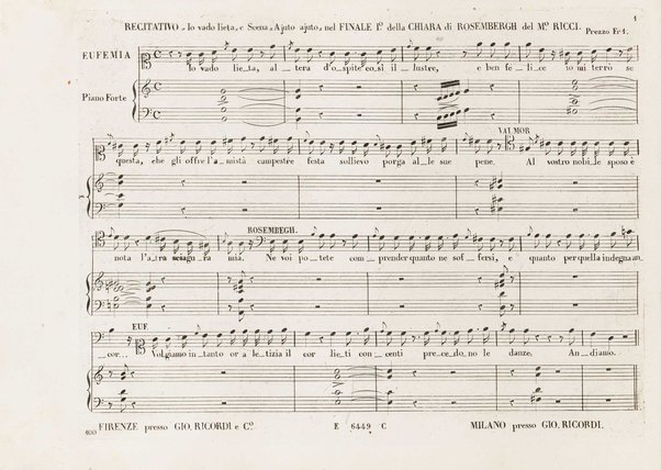 Chiara di Rosembergh : melodramma in due atti / posto in musica dal M.⁰ Luigi Ricci