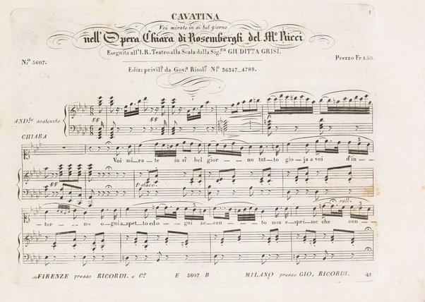 Chiara di Rosembergh : melodramma in due atti / posto in musica dal M.⁰ Luigi Ricci