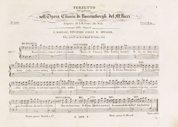 Chiara di Rosembergh : melodramma in due atti / posto in musica dal M.⁰ Luigi Ricci