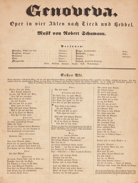 Genoveva : Oper in vier Acten nach Tieck und F. Hebbel : 81s Werk / Musik von Robert Schumann ; Clavierauszug von Clara Schumann, geb. Wiek