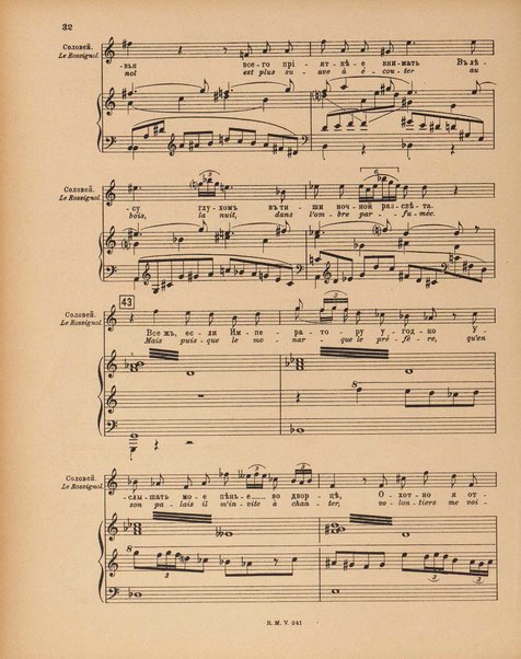 Le rossignol : conte lyrique en trois actes de I. Strawinsky et S. Mitousoff, d'après Andersen / Igor Strawinsky ; traduction francais de M. D. Calvocoressi ; réduction pour chant et piano par l'auteur