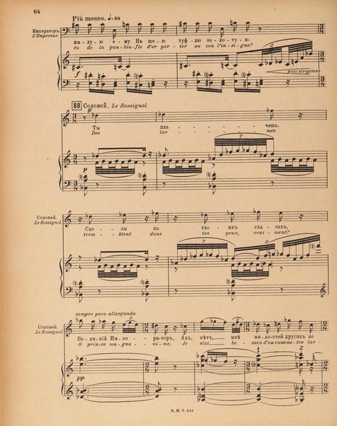 Le rossignol : conte lyrique en trois actes de I. Strawinsky et S. Mitousoff, d'après Andersen / Igor Strawinsky ; traduction francais de M. D. Calvocoressi ; réduction pour chant et piano par l'auteur