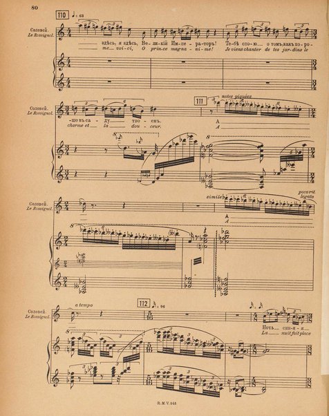 Le rossignol : conte lyrique en trois actes de I. Strawinsky et S. Mitousoff, d'après Andersen / Igor Strawinsky ; traduction francais de M. D. Calvocoressi ; réduction pour chant et piano par l'auteur