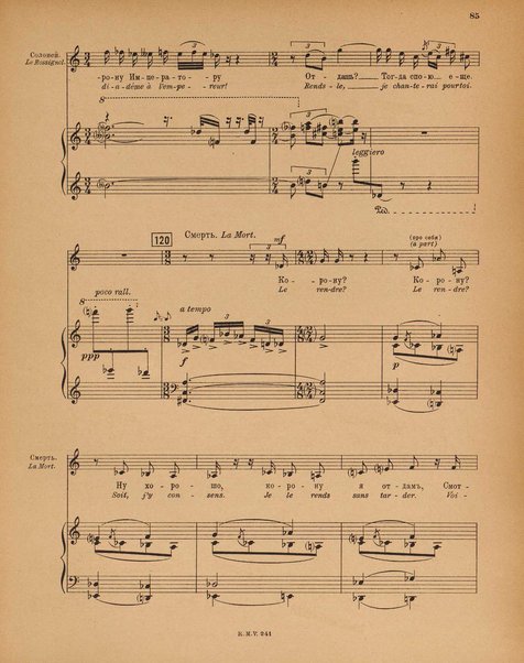 Le rossignol : conte lyrique en trois actes de I. Strawinsky et S. Mitousoff, d'après Andersen / Igor Strawinsky ; traduction francais de M. D. Calvocoressi ; réduction pour chant et piano par l'auteur