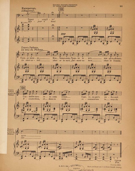 Le rossignol : conte lyrique en trois actes de I. Strawinsky et S. Mitousoff, d'après Andersen / Igor Strawinsky ; traduction francais de M. D. Calvocoressi ; réduction pour chant et piano par l'auteur