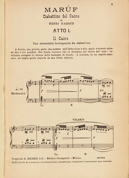 Marùf, ciabattino del Cairo : opera comica in cinque atti : tratta dalle Mille e una notte, secondo la traduzione del dr. J. C. Mardrus / poema di Lucien Népoty ; tradotto ritmicamente in italiano da Carlo Clausetti ; musica di Henri Rabaud ; riduzione per canto e pianoforte dell'autore