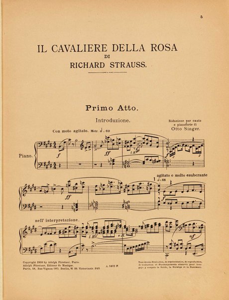 Il cavaliere della rosa : op. 59 : comedia in tre atti per musica di Hugo von Hofmannsthal / traduzione ritmica di Ottone Schanzer ; musica di Richard Strauss ; riduzione per canto e pianoforte di Otto Singer