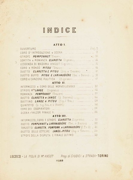 La figlia di madama Angot : opera comica in 3 atti / parole di Clairville, Siraudin e Koning ; traduzione italiana di G. B. ; musica di Carlo Lecocq ; riduzione per canto e piano di E. Nuyens
