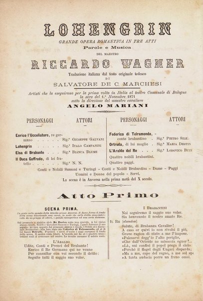 Lohengrin : grande opera romantica in tre atti / parole e musica di R. Wagner ; traduzione italiana dal testo originale tedesco di Salvatore De C. Marchesi
