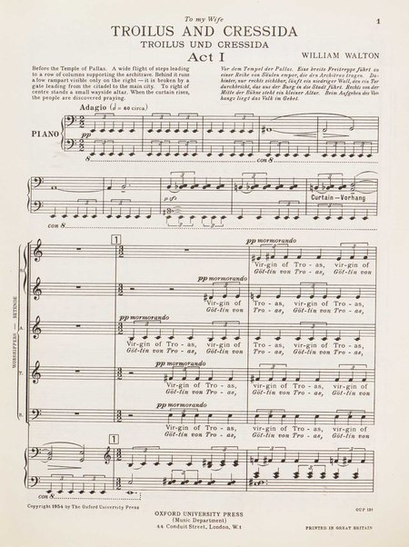 Troilus and Cressida : opera in three acts / libretto by Christopher Hassall ; german translation by Ernst Roth ; music by William Walton