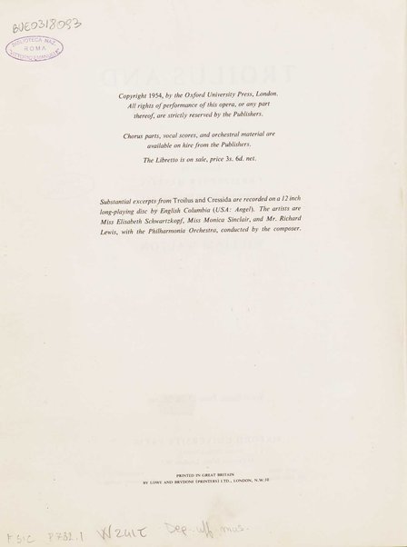 Troilus and Cressida : opera in three acts / libretto by Christopher Hassall ; german translation by Ernst Roth ; music by William Walton