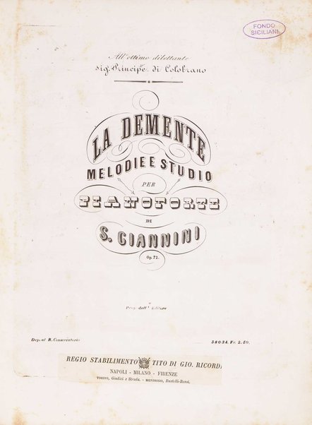 La demente : melodie e studio per pianoforte : op. 72 / di S. Giannini