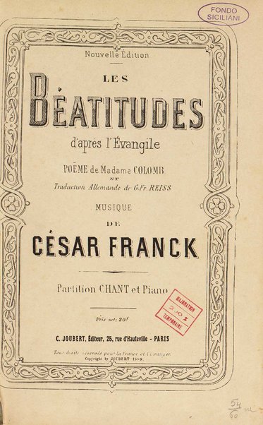 Les beatitudes : d'après l'Évangile / poëme de madame Colomb et traduction allemande de G. Fr. Reiss ; musique de César Franck