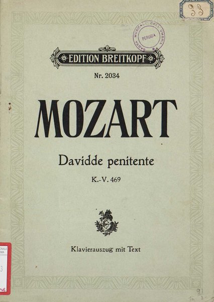 Davidde penitente : Oratorium : K. V. 469 / W. A. Mozart ; english translation by mrs. B. Shapleigh