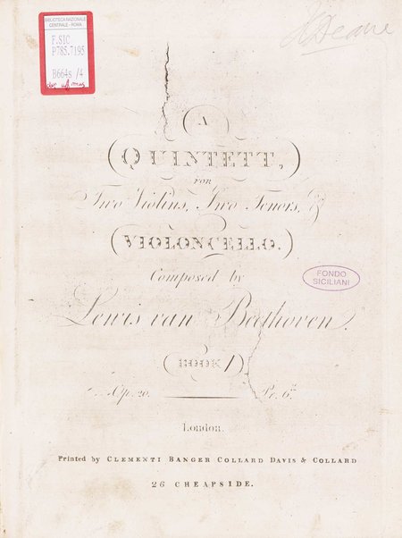 A quintett, for two violins, two tenors & violoncello. 1 Violino primo