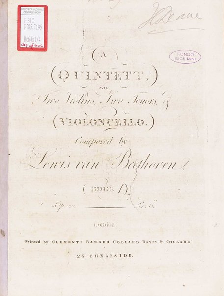 A quintett, for two violins, two tenors & violoncello. 1 Violino secondo