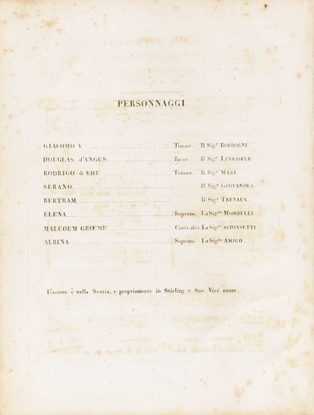 La donna del lago : opera seria in due atti / musica del signor maestro Gioachino Rossini ; Ridotto per il piano forte