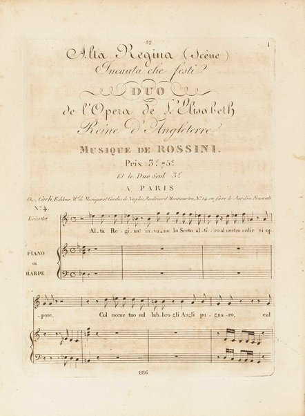 Partition de l'Elisabeth, reine d'Angleterre / musique de Rossini