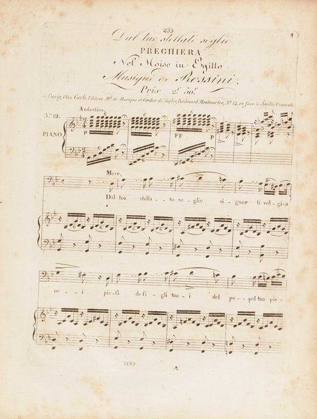 Partition di Mosè in Egitto : oratorio in tre atti / musica di Rossini ; ridotto per il piano forte