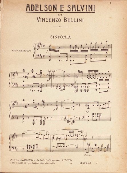 Adelson e Salvini : opera completa [per canto e pianoforte] / dramma semiserio in due atti di Andrea Leone Tottola ; musica di Vincenzo Bellini
