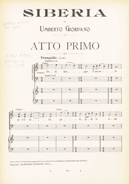 Siberia : dramma in tre atti di Luigi Illica / musica di Umberto Giordano ; riduzione per canto e pianoforte di Raffaele Delli Ponti