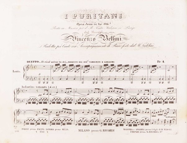 I Puritani : melodramma serio in tre atti del Conte Pepoli / musica del Cav. Vincenzo Bellini ; ridotta con accompagnamento di Piano-Forte dal maestro Tadolini