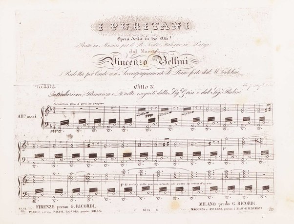 I Puritani : melodramma serio in tre atti del Conte Pepoli / musica del Cav. Vincenzo Bellini ; ridotta con accompagnamento di Piano-Forte dal maestro Tadolini