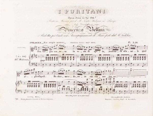 I Puritani : melodramma serio in tre atti del Conte Pepoli / musica del Cav. Vincenzo Bellini ; ridotta con accompagnamento di Piano-Forte dal maestro Tadolini