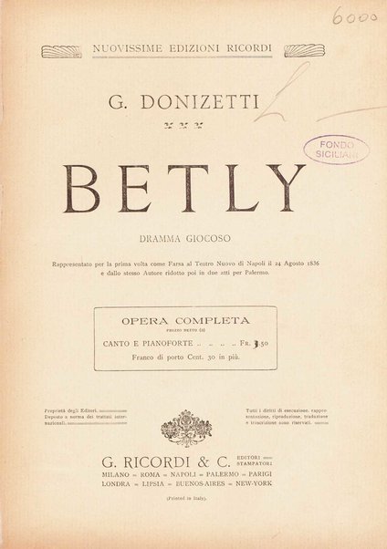 Betly : dramma giocoso / G. Donizetti