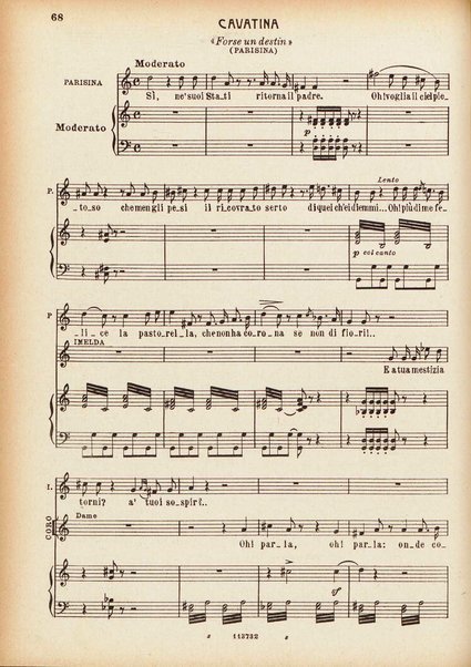 Parisina : tragedia lirica in tre atti di Felice Romani / G. Donizetti ; opera completa per canto e pianoforte