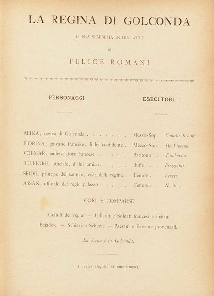 La regina di Golconda : opera semiseria in due atti di Felice Romani / [musica di! G. Donizetti