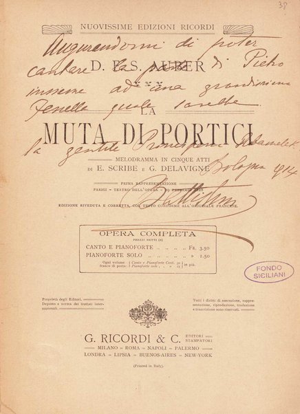 La muta di Portici : melodramma in cinque atti / di E. Scribe e G. Delavigne; [musica di] D. F. S. Auber