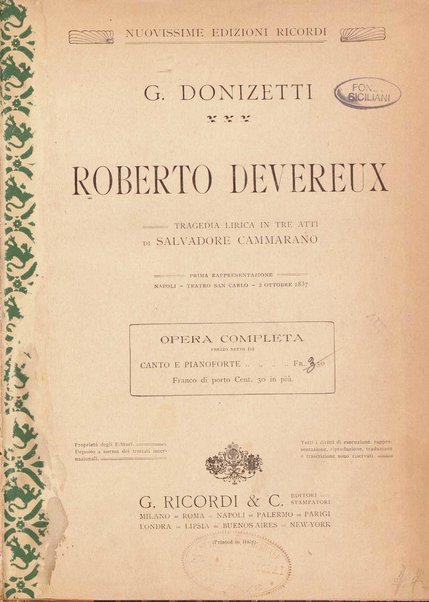 Roberto Devereux / G. Donizetti ; tragedia lirica in tre atti di Salvadore Cammarano