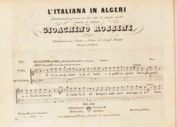 L' italiana in Algeri / melodramma giocoso in due atti di Angelo Anelli ; posto in musica da Gioachino Rossini ; riduzione per canto con accomp. di pianoforte di Luigi Truzzi