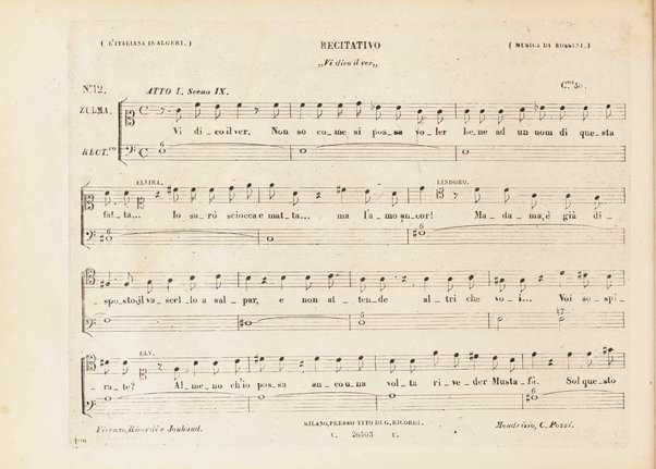 L' italiana in Algeri / melodramma giocoso in due atti di Angelo Anelli ; posto in musica da Gioachino Rossini ; riduzione per canto con accomp. di pianoforte di Luigi Truzzi