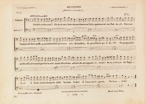 L' italiana in Algeri / melodramma giocoso in due atti di Angelo Anelli ; posto in musica da Gioachino Rossini ; riduzione per canto con accomp. di pianoforte di Luigi Truzzi