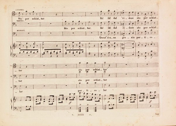 L' italiana in Algeri / melodramma giocoso in due atti di Angelo Anelli ; posto in musica da Gioachino Rossini ; riduzione per canto con accomp. di pianoforte di Luigi Truzzi