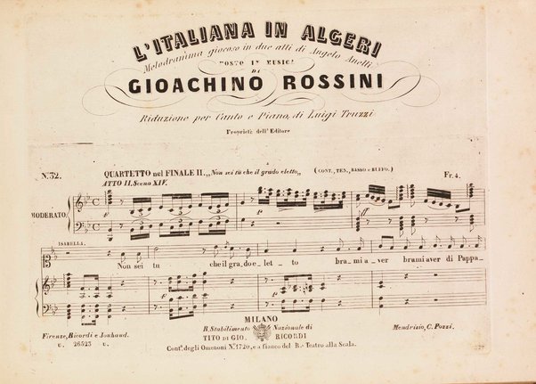 L' italiana in Algeri / melodramma giocoso in due atti di Angelo Anelli ; posto in musica da Gioachino Rossini ; riduzione per canto con accomp. di pianoforte di Luigi Truzzi