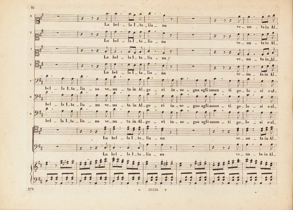 L' italiana in Algeri / melodramma giocoso in due atti di Angelo Anelli ; posto in musica da Gioachino Rossini ; riduzione per canto con accomp. di pianoforte di Luigi Truzzi