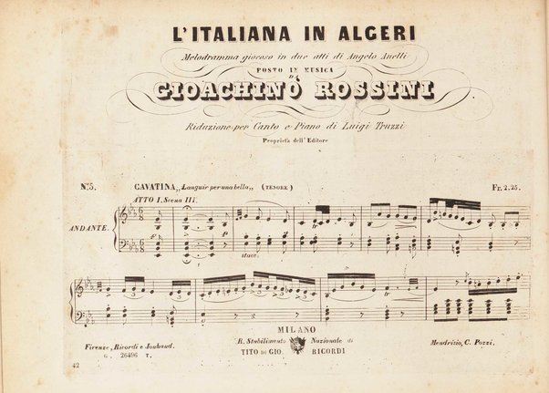 L' italiana in Algeri / melodramma giocoso in due atti di Angelo Anelli ; posto in musica da Gioachino Rossini ; riduzione per canto con accomp. di pianoforte di Luigi Truzzi