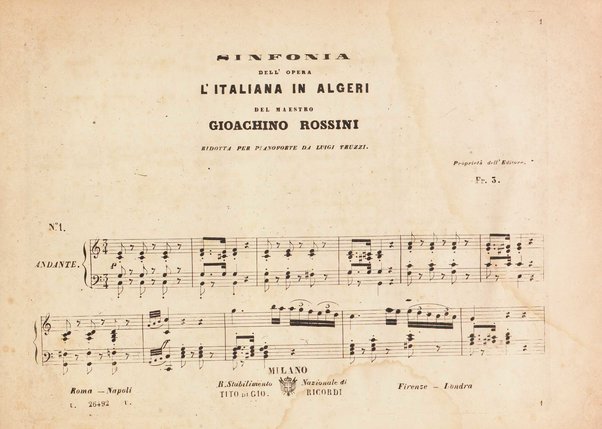 L' italiana in Algeri / melodramma giocoso in due atti di Angelo Anelli ; posto in musica da Gioachino Rossini ; riduzione per canto con accomp. di pianoforte di Luigi Truzzi