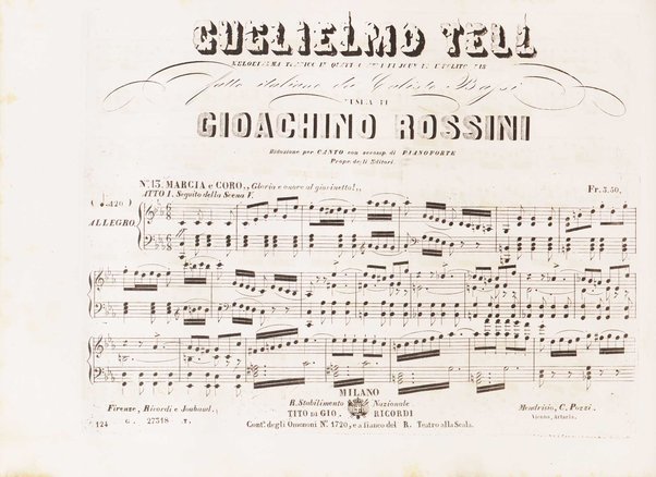 Guglielmo Tell : Melodramma tragico in 4 atti di Jouy ed Ippolito Bis / fatto italiano da Calisto Bassi ; posto in musica da Gioachino Rossini ; riduzione per canto con accomp. di pianoforte