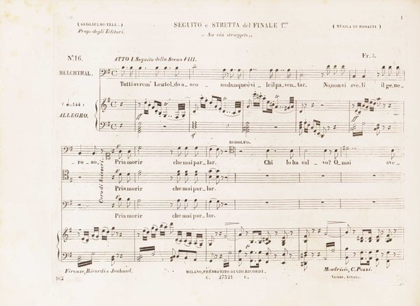 Guglielmo Tell : Melodramma tragico in 4 atti di Jouy ed Ippolito Bis / fatto italiano da Calisto Bassi ; posto in musica da Gioachino Rossini ; riduzione per canto con accomp. di pianoforte