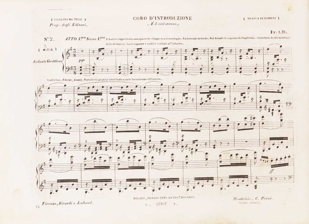 Guglielmo Tell : Melodramma tragico in 4 atti di Jouy ed Ippolito Bis / fatto italiano da Calisto Bassi ; posto in musica da Gioachino Rossini ; riduzione per canto con accomp. di pianoforte