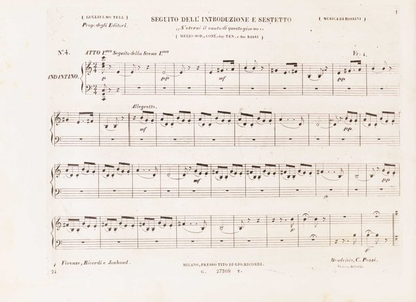 Guglielmo Tell : Melodramma tragico in 4 atti di Jouy ed Ippolito Bis / fatto italiano da Calisto Bassi ; posto in musica da Gioachino Rossini ; riduzione per canto con accomp. di pianoforte